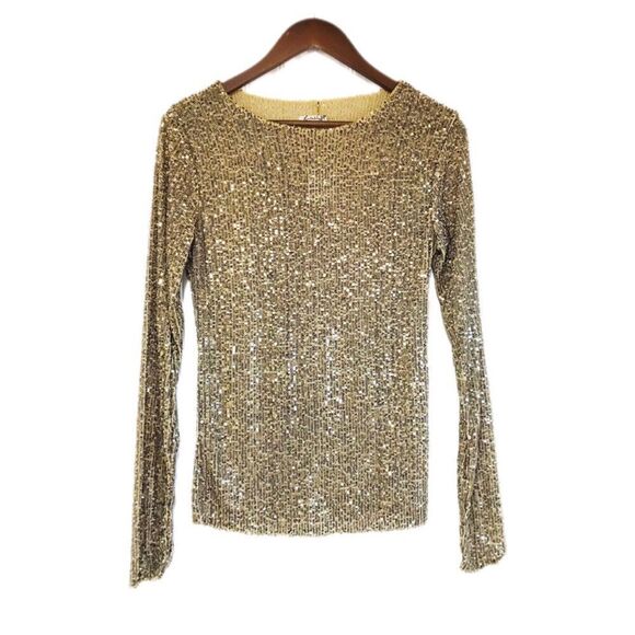 FREE PEOPLE Gold Rush Sequin Long Sleeve Top Tee Metallic Party Size Small New - Picture 2 of 12
